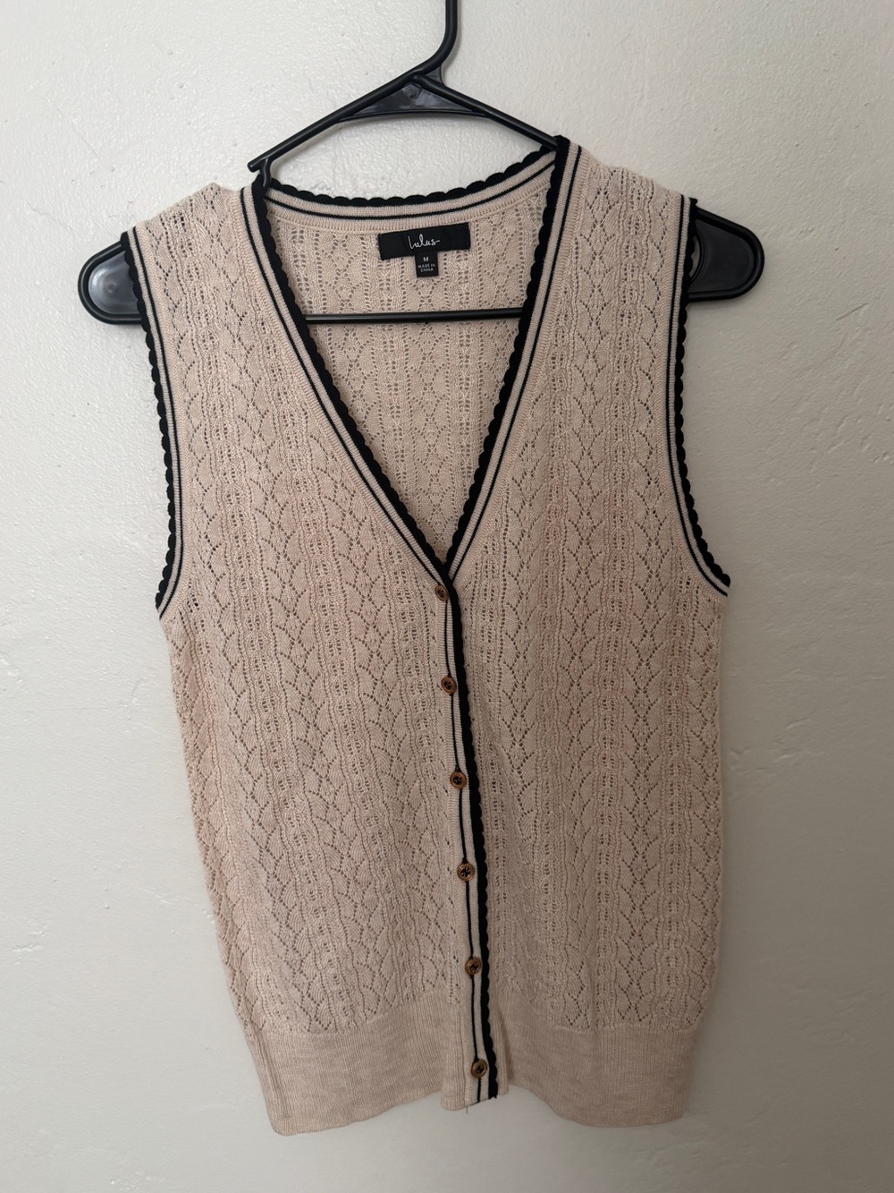 Lulu's Cream Knit Button-Front Vest with Black Trim